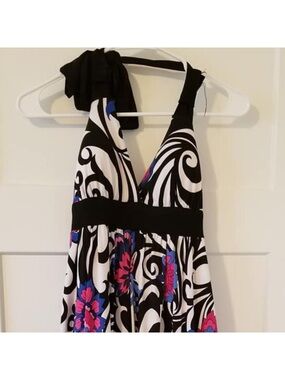 NWOT….Candie's Black White Floral Halter Mini Dress with Pink and Blue Accents